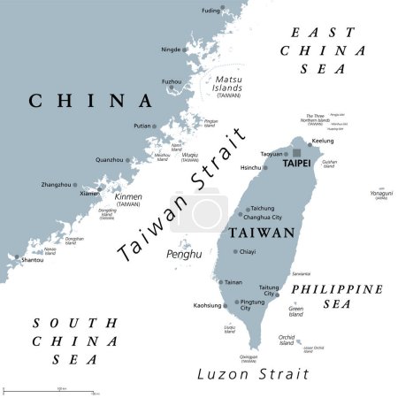 Ilustración de Estrecho de Taiwán, mapa político gris. Importantes vías navegables y aguas internacionales en disputa, que separan la isla de Taiwán y Asia continental, que conecta el Mar de China Oriental y el Mar de China Meridional. - Imagen libre de derechos
