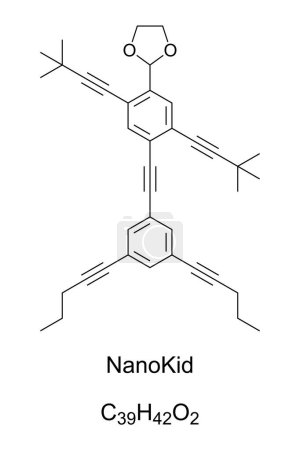 Ilustración de NanoKid, un NanoPutiano, fórmula química y estructura esquelética. Molécula orgánica que se asemeja a la forma humana, secuenciada para educación química. NanoPutian es un portmanteau de nanómetro y lilliputian. - Imagen libre de derechos
