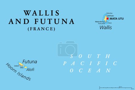 Ilustración de Wallis y Futuna, mapa político. Colectividad insular de Francia en el Pacífico Sur con la capital Mata Utu, que consta de las tres principales islas tropicales volcánicas Wallis, Futuna y Alofi deshabitada. - Imagen libre de derechos