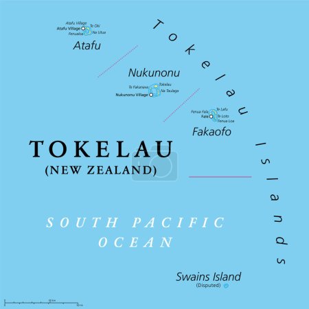 Ilustración de Tokelau, territorio dependiente de Nueva Zelanda, mapa político. Archipiélago en el Pacífico Sur que consta de atolones de coral tropical Atafu, Nukunonu y Fakaofo. La isla de Swains es territorial en disputa. - Imagen libre de derechos