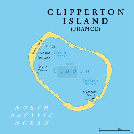 Ilustración de Clipperton Island, mapa político. También conocido como Atolón Clipperton, es un atolón de coral francés deshabitado en el este del Océano Pacífico y único territorio francés en el Pacífico Norte. Ilustración. - Imagen libre de derechos