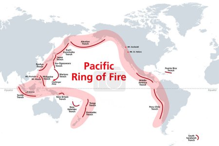 Illustration for Pacific Ring of Fire, world map with oceanic trenches. The Rim of Fire, or also  Circum-Pacific Belt. Region around the rim of the Pacific Ocean, where many volcanic eruptions and earthquakes occur. - Royalty Free Image