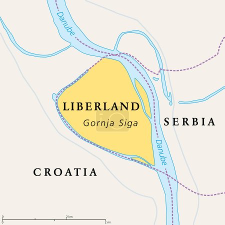 Illustration for Free Republic of Liberland, political map. Unrecognized micronation in Southeast Europe, claiming Gornja Siga, uninhabited parcel of disputed land on western bank of Danube between Croatia and Serbia. - Royalty Free Image