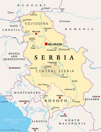 Serbia y Kosovo, países sin litoral en el sudeste de Europa, mapa político. La República de Serbia, con capital Belgrado, y la República de Kosovo, país parcialmente reconocido, con capital Pristina.