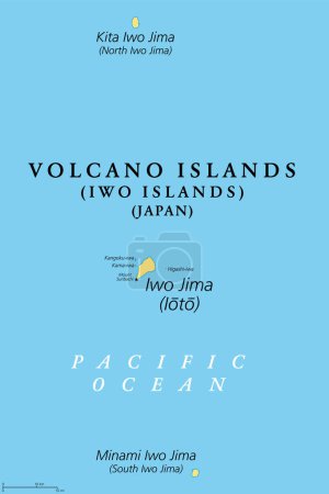 Ilustración de Islas Volcán, o Islas Iwo, tres islas volcánicas de Japón, mapa político. Kazan Retto con Iwo Jima, y con Kita y Minami Iwo Jima, ubicado en el Océano Pacífico, y parte de las Islas Nanpo. - Imagen libre de derechos