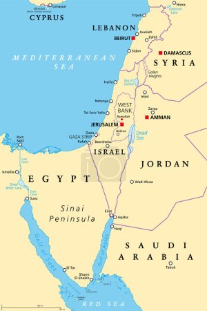 Illustration for Israel and the Sinai Peninsula, political map. The Southern Levant, an arid geographical and historical region, encompassing Israel, Palestine, Jordan, Lebanon, southern Syria and the Sinai Peninsula. - Royalty Free Image