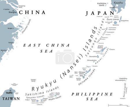 Illustration for Ryukyu Islands, also known as Nansei Islands, gray political map. The Ryukyu Arc, a Japanese, mostly volcanic island chain stretching from Kyushu, Japan, to westernmost Yonaguni Island east of Taiwan. - Royalty Free Image