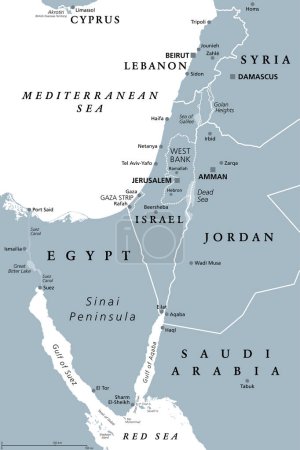 Ilustración de Israel y la península del Sinaí, mapa político gris. El Levante Meridional, una región geográfica e histórica que abarca Israel, Palestina, Jordania, Líbano, el sur de Siria y la península del Sinaí. - Imagen libre de derechos