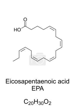 Eicosapentaensäure, EPA, chemische Formel. Timnodonsäure, eine mehrfach ungesättigte Omega-3-Fettsäure. Enthalten in Muttermilch, fettem Fisch, Speisealgen oder als ergänzende Form von Fisch oder Algenöl.