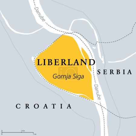 Illustration for Free Republic of Liberland, gray political map. Unrecognized micronation in Southeast Europe, claiming Gornja Siga, uninhabited and disputed land on western bank of Danube between Croatia and Serbia. - Royalty Free Image