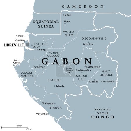 Illustration for Gabon, gray political map with provinces. Gabonese Republic, with capital Libreville. Central African country bordered by Equatorial Guinea, Cameroon, Republic of the  Congo, and the Gulf of Guinea. - Royalty Free Image