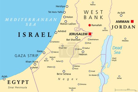 Illustration for Part of the Southern District of Israel, political map, with the Gaza Strip, bottom half of West Bank, Dead Sea, and with borders and most important cities in this region. Illustration. Vector. - Royalty Free Image