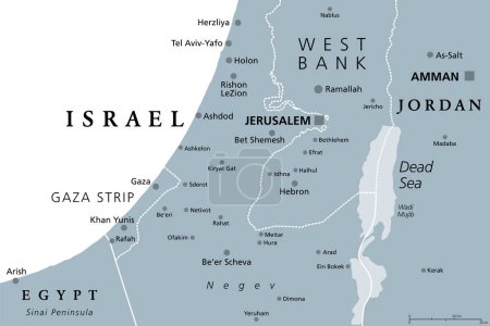 Illustration for Part of the Southern District of Israel, gray political map, with the Gaza Strip, bottom half of West Bank, Dead Sea, and with borders and most important cities in this region. Illustration. Vector. - Royalty Free Image