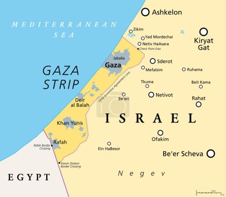 Ilustración de Franja de Gaza y alrededores, mapa político. Gaza es un territorio palestino autónomo y un estrecho pedazo de tierra situada en la costa del mar Mediterráneo, bordeada por Israel y Egipto.. - Imagen libre de derechos