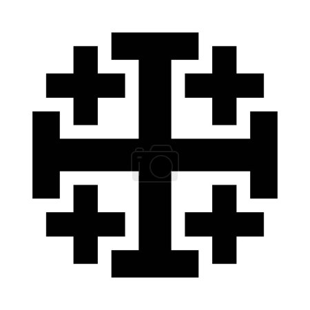 Illustration for Jerusalem cross, also known as five-fold Cross or cross-and-crosslets. Variant of a Christian cross used in heraldry, consisting of a large cross potent surrounded by for smaller Greek crosses. Vector - Royalty Free Image
