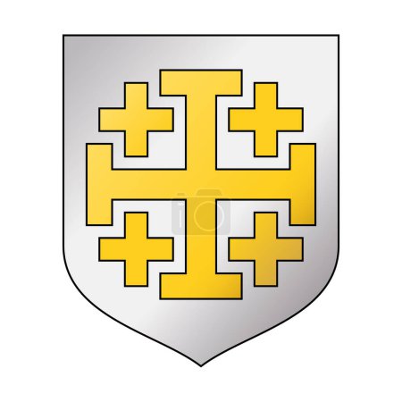 Illustration for Latin Kingdom of Jerusalem. Silver coat of arms with a golden Jerusalem cross, a cross potent surrounded by for smaller Greek crosses. Crusader state in the Levant established after the First Crusade. - Royalty Free Image