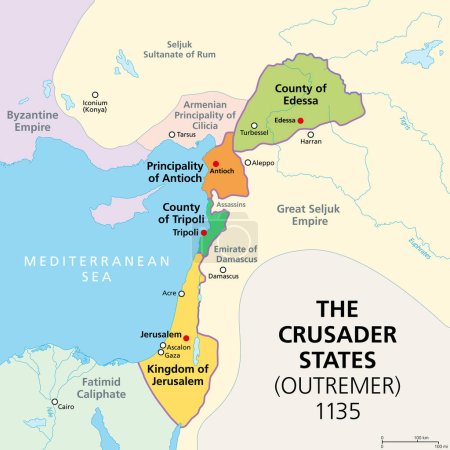 Illustration for Crusader states at about 1135, map of Outremer, 4 Latin Catholic realms in the Levant, created after the First Crusade. Kingdom of Jerusalem, County of Edessa and Tripoli, and Principality of Antioch. - Royalty Free Image