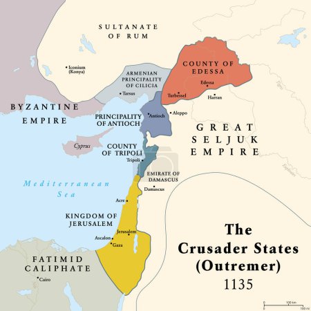 Illustration for Crusader states, map of Outremer at about 1135. Four Latin Catholic realms in the Levant, created after First Crusade. Kingdom of Jerusalem, County of Edessa and Tripoli, and Principality of Antioch. - Royalty Free Image