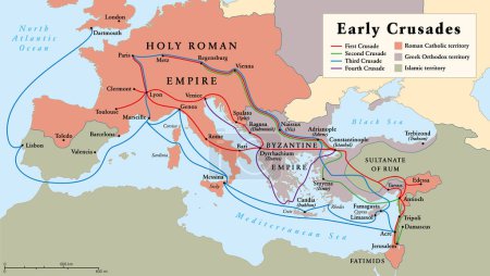 Illustration for Early Crusades, history map. The first four Crusades, a series of religious wars to the Holy Land, to conquer Jerusalem and its surrounding area, by the Christian Latin Church in the medieval period. - Royalty Free Image