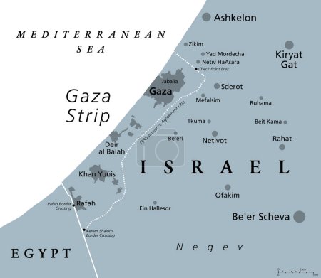 Illustration for The Gaza Strip and surroundings, gray political map. Gaza, a self-governing Palestinian territory and narrow piece of land located on the coast of the Mediterranean Sea, bordered by Israel and Egypt. - Royalty Free Image