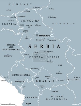 Illustration for Serbia and Kosovo, landlocked countries in Southeast Europe, gray political map. Republic of Serbia, with capital Belgrade, and Republic of Kosovo, partially recognized country, with capital Pristina. - Royalty Free Image