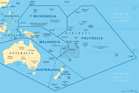 Unterregionen Ozeaniens, politische Landkarte. Geoschema mit Regionen im Pazifischen Ozean und in der Nähe von Asien. Melanesien, Mikronesien, Polynesien und Australasien, kurz für Australien und Neuseeland. Vektor.