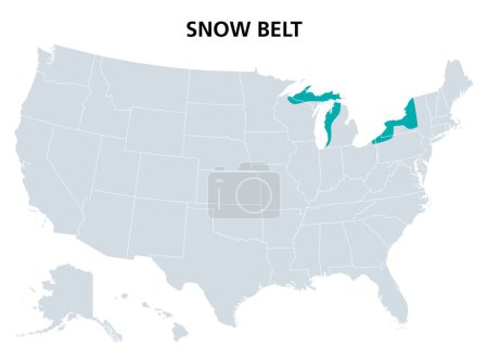 Ilustración de Snow Belt of the United States, mapa político. También se llama cinturón de nieve, es la región cerca de los Grandes Lagos en América del Norte, donde las fuertes nevadas en forma de nieve de efecto lago es particularmente común. - Imagen libre de derechos