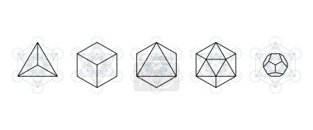 Illustration for Platonic solids extracted from Metatrons cube. Regular polyhedrons contained in a mystical symbol, that is derived from the Flower of Life. Tetrahedron, cube, octahedron, icosahedron and dodecahedron. - Royalty Free Image
