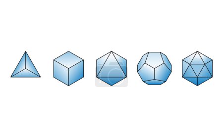 Illustration for The Platonic solids in a row. Regular convex polyhedrons with equal side lengths and same number of identical faces meeting at each vertex. Tetrahedron, cube, octahedron, dodecahedron and icosahedron. - Royalty Free Image