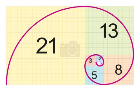 Ilustración de Espiral de Fibonacci y aproximación de la espiral dorada. Arcos circulares que conectan las esquinas opuestas de los cuadrados en el azulejo con cuadrados, cuyas longitudes laterales son números sucesivos de Fibonacci. - Imagen libre de derechos