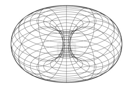 Drahtgestell eines Ringtorus, auch Donut oder Donut. In der Geometrie entsteht eine Revolutionsfläche, indem man einen Kreis im 3D-Raum um eine Achse dreht, die mit dem Kreis koplanar ist..