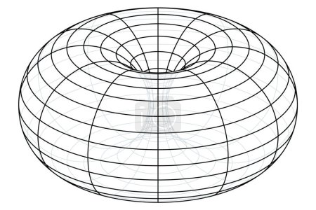 Drahtgestell eines Ringtorus, oder auch Donut oder Donut. Geometrische Revolutionsfläche, die entsteht, wenn man einen Kreis im 3D-Raum um eine Achse dreht, die mit dem Kreis koplanar ist.