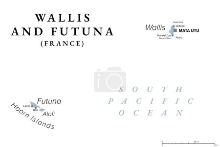 Wallis und Futuna, graue politische Landkarte. Inselgemeinschaft Frankreichs im Südpazifik mit der Hauptstadt Mata Utu, bestehend aus den drei wichtigsten vulkanischen tropischen Inseln Wallis, Futuna und dem unbewohnten Alofi.