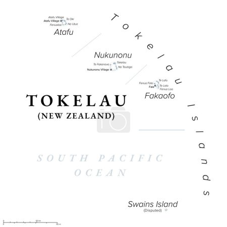 Tokelau, abhängiges Territorium Neuseelands, graue politische Landkarte. Südpazifischer Archipel bestehend aus den tropischen Korallenatollen Atafu, Nukunonu und Fakaofo. Swains Island ist territorial umstritten.