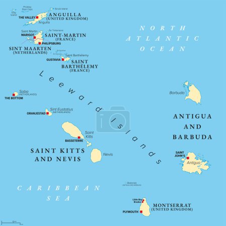 Téléchargez les illustrations : D'Anguilla à Montserrat, carte politique. Îles des Caraïbes, partie des îles sous le vent et des petites Antilles. Anguilla, Saint Martin, Saint Kitts et Nevis, Antigua-et-Barbuda et Montserrat. - en licence libre de droit