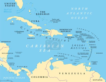 Illustration for The Caribbean Sea and its islands, political map. The Caribbean, a subregion of the Americas, with the West Indies, compromising independent island countries and dependencies in three archipelagos. - Royalty Free Image