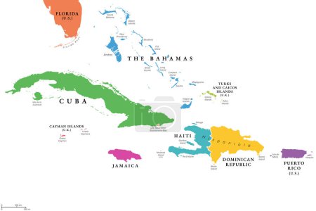 Illustration for Greater Antilles in the Caribbean, multicolored political map. Grouping of larger islands in the Caribbean Sea, including Cuba, Hispaniola, Puerto Rico, Jamaica, Navassa Island and the Cayman Islands. - Royalty Free Image