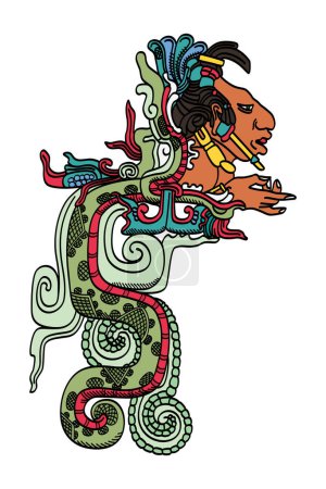 Ilustración de Kukulkan, la serpiente de la visión, una deidad de la mitología maya. Muy relacionado con el Quetzalcoatl azteca. Visión Maya clásica representada en Yaxchilán, una serpiente divina con cabeza y mano humana en la boca. - Imagen libre de derechos