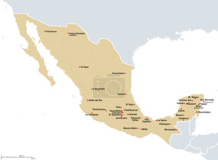 Ilustración de México, los sitios arqueológicos más importantes, mapa político. Mapa de México con las fronteras de sus estados actuales, y la ubicación de los lugares más significativos de México precolombino, prehispánico. - Imagen libre de derechos