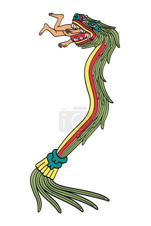 Quetzalcoatl devours a human. Aztec god of life, light and wisdom, lord of day and winds, as depicted in Codex Borbonicus. Plumed serpent, a supernatural entity, called Kukulkan or Tohil by the Maya.