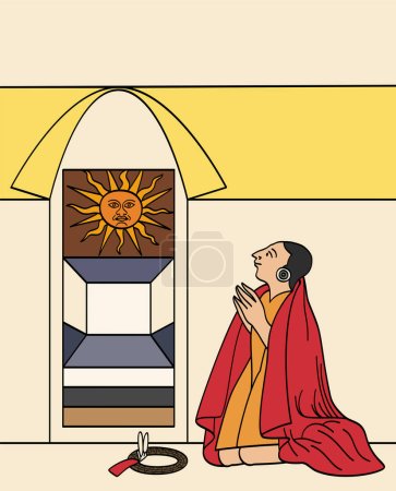 Téléchargez les illustrations : Empereur inca Pachacutec adorant Inti, dieu Soleil, dans le temple d'or à Coricancha. Pachacuti Inca Yupanqui, la neuvième Sapa Inca du Royaume de Cusco, qu'il transforme en Empire Inca. - en licence libre de droit