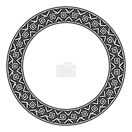 Ilustración de Motivo espiral escalonado, marco circular. Borde circular decorativo, en antiguo estilo Inca escalonado con espirales angulares. Ilustración en blanco y negro, aislada sobre fondo blanco. Vector. - Imagen libre de derechos