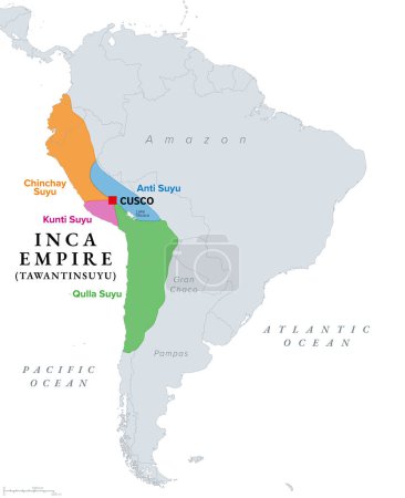 Illustration for Inca Empire, Tawantinsuyu and its four parts, political map. The regional quarters of the Incan Empire are Chinchay, Anti, Kunti and Qulla Suyu. Their corners meeting at the center and capital Cusco. - Royalty Free Image