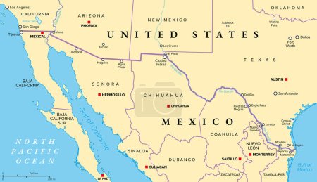 Téléchargez les illustrations : Carte politique de la frontière Mexique-États-Unis. Frontière internationale entre le Mexique et les États-Unis, avec les États, les capitales et les villes les plus importantes. Frontière la plus fréquemment franchie dans le monde. - en licence libre de droit