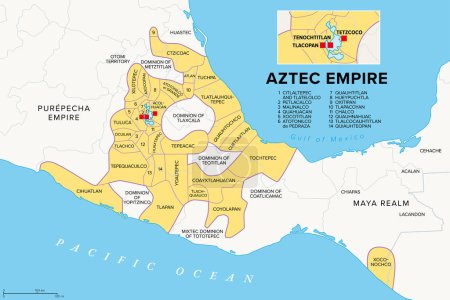 Illustration for Aztec Empire with tributary provinces, history map. Maximal extent of Triple Alliance Tenochtitlan, Tetzcoco and Tlacopan at the time of Spanish conquest, 1519. With today state and country borders. - Royalty Free Image