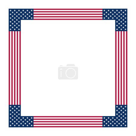 Ilustración de Motivo de bandera americana, marco cuadrado. Frontera hecha con estrellas y patrón de rayas, basado en la bandera nacional de los Estados Unidos. Blanco cinco estrellas puntiagudas en tierra azul con rayas rojas y blancas. - Imagen libre de derechos