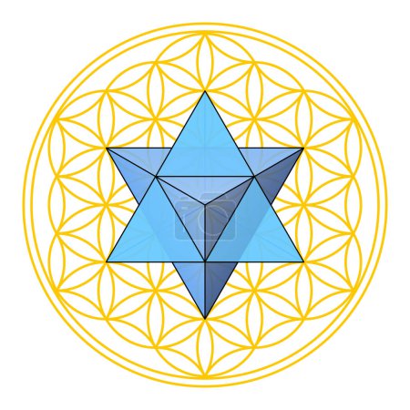 Ilustración de Flor de la Vida con Merkaba, Geometría Sagrada. Tetraedro estrella, un tetraedro doble, situado en el centro de la figura geométrica, compuesto de círculos superpuestos, formando un patrón similar a una flor. - Imagen libre de derechos