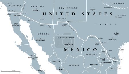 Frontera México-Estados Unidos, mapa político gris. Frontera internacional entre países México y Estados Unidos, con estados, capitales y ciudades más importantes. Más frecuentemente cruzado frontera en el mundo.