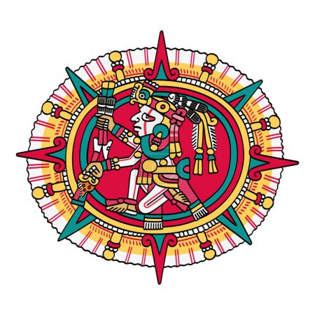 Ilustración de Tonatiuh, dios sol azteca, conocido como Nahui Ollin, el quinto sol, representado en el centro de un disco solar. Si la humanidad falla, el sol se oscurecerá, y el mundo terminará debido a terribles catástrofes.. - Imagen libre de derechos