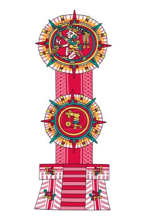 Ilustración de Tonatiuh, dios sol azteca, conocido como Nahui Ollin, el quinto sol, representado en el centro de un disco solar. Debajo de él un segundo disco solar con su signo ce xochitl, Una flor, como se representa en el Codex vaticanus. - Imagen libre de derechos